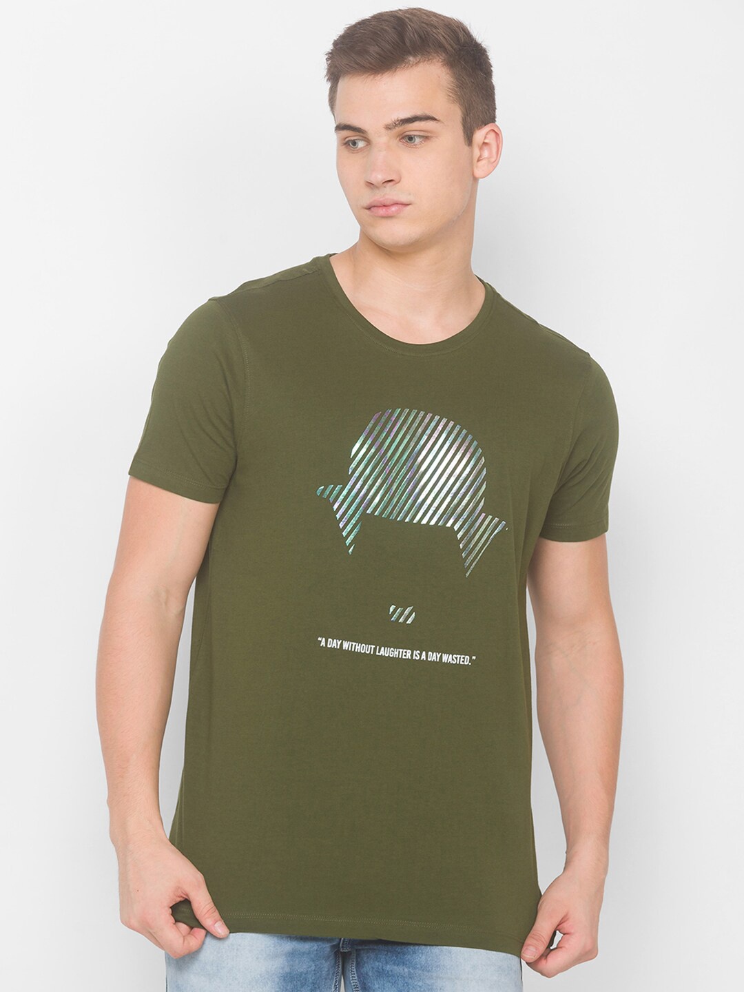 

SPYKAR Men Olive Green Printed Slim Fit T-shirt