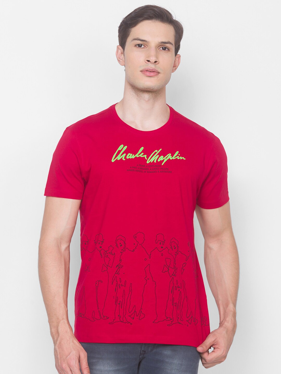 

SPYKAR Men Red Charie Chaplin Printed Slim Fit T-shirt