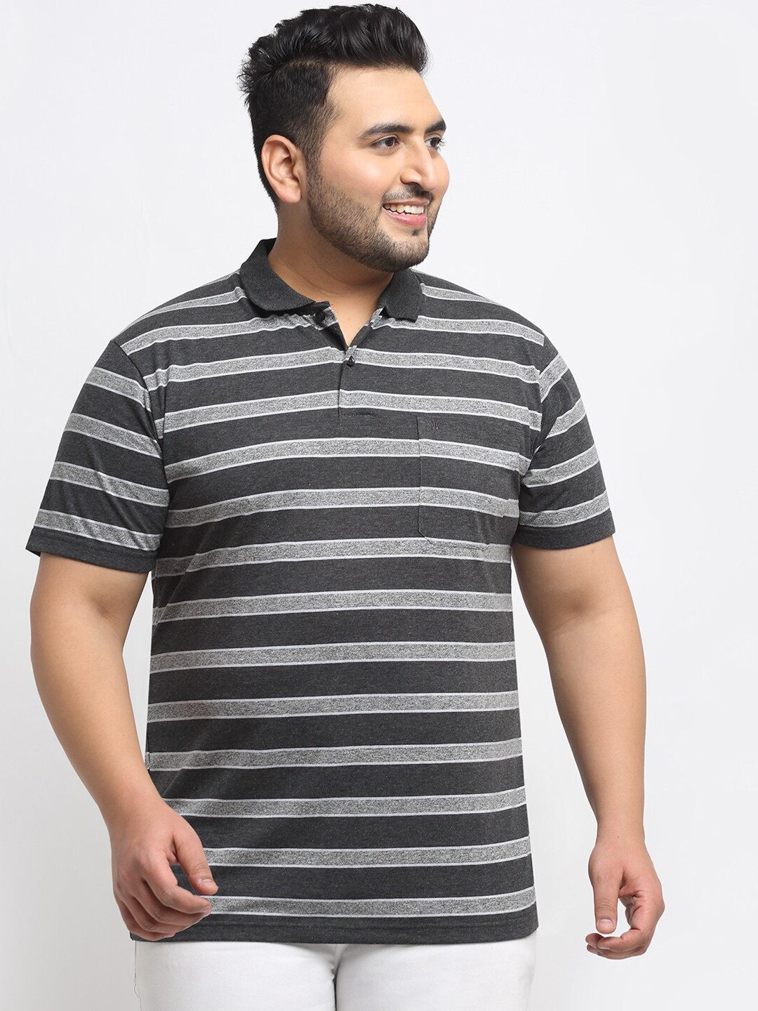

VENITIAN Men Black & Grey Striped Polo Collar Cotton T-shirt