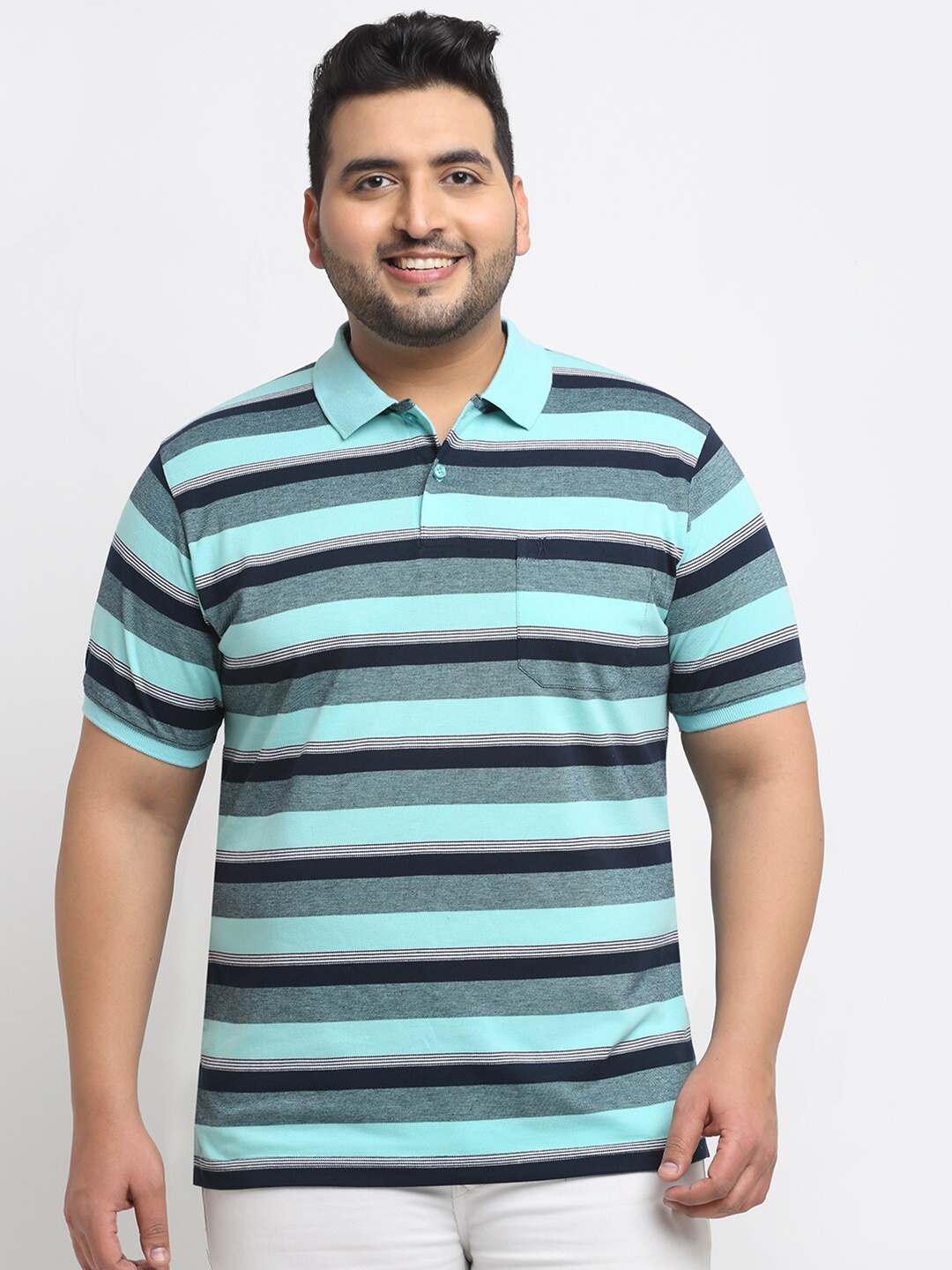 

VENITIAN Plus Size Men Sea Green & Navy Blue Striped Polo Collar T-shirt