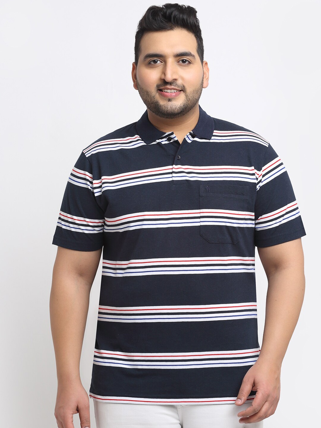 

VENITIAN Men Navy Blue & White Striped Cotton Polo Collar T-shirt