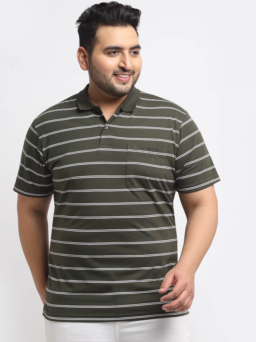 

VENITIAN Plus Size Men Olive Green & White Striped Polo Collar T-shirt