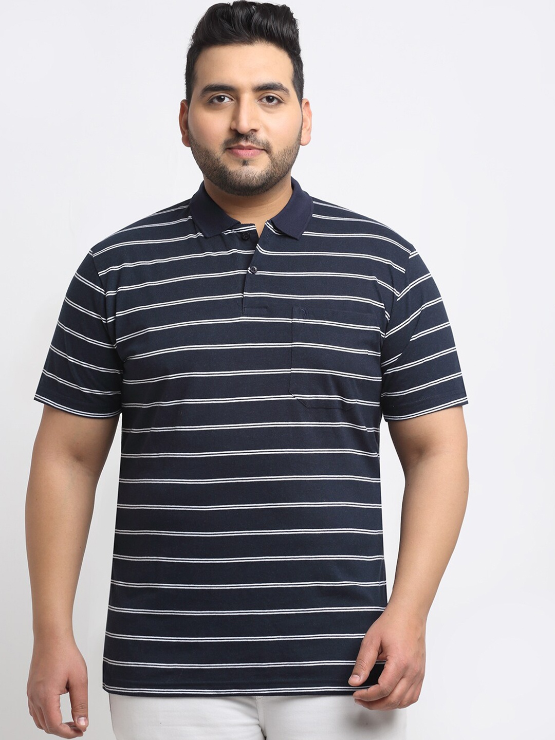 

VENITIAN Men Plus Size Navy Blue & White Striped Polo Collar T-shirt