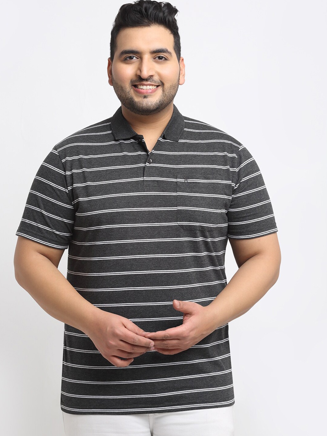 

VENITIAN Men Black Striped Polo Collar Pockets T-shirt