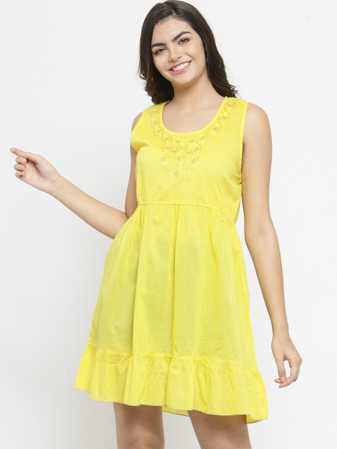 

Purple State Women Yellow Embroidered A-Line Dress