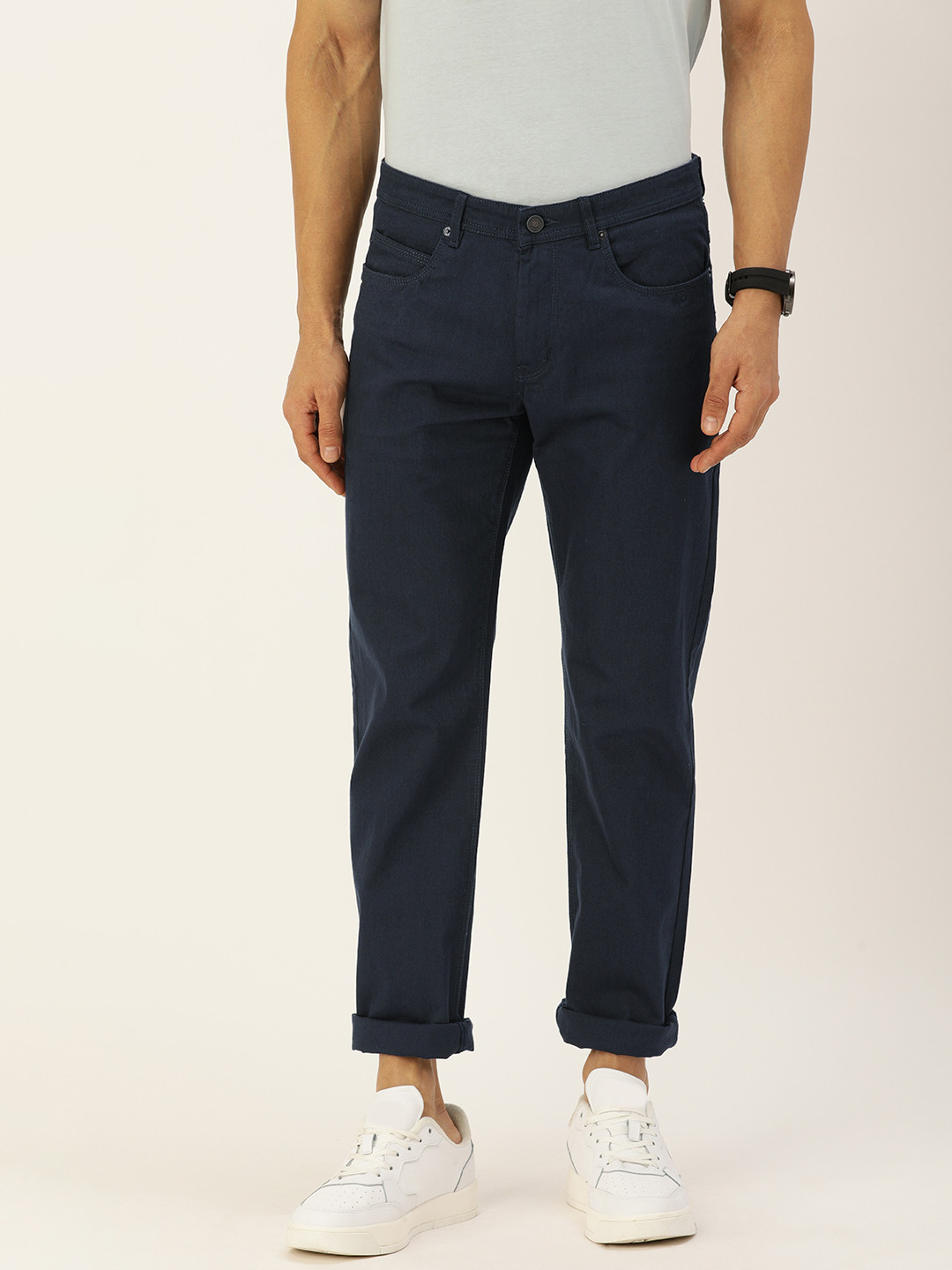 

PETER ENGLAND UNIVERSITY Men Navy Blue Slim Fit Regular Trousers