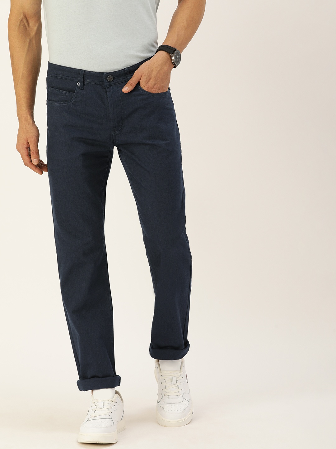 

PETER ENGLAND UNIVERSITY Men Navy Blue Slim Fit Regular Trousers