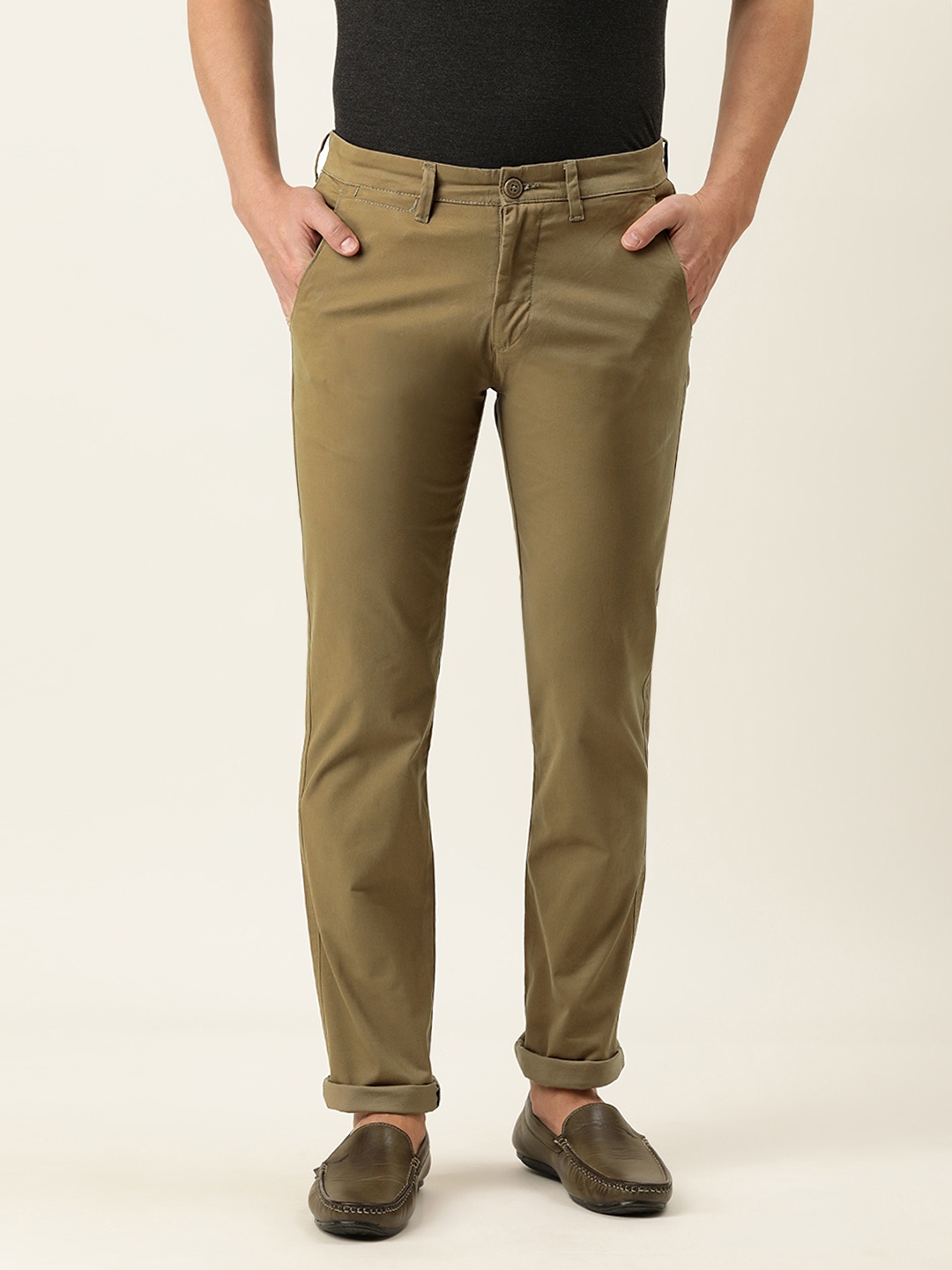 

PETER ENGLAND UNIVERSITY Men Khaki Solid Slim Fit Regular Trousers