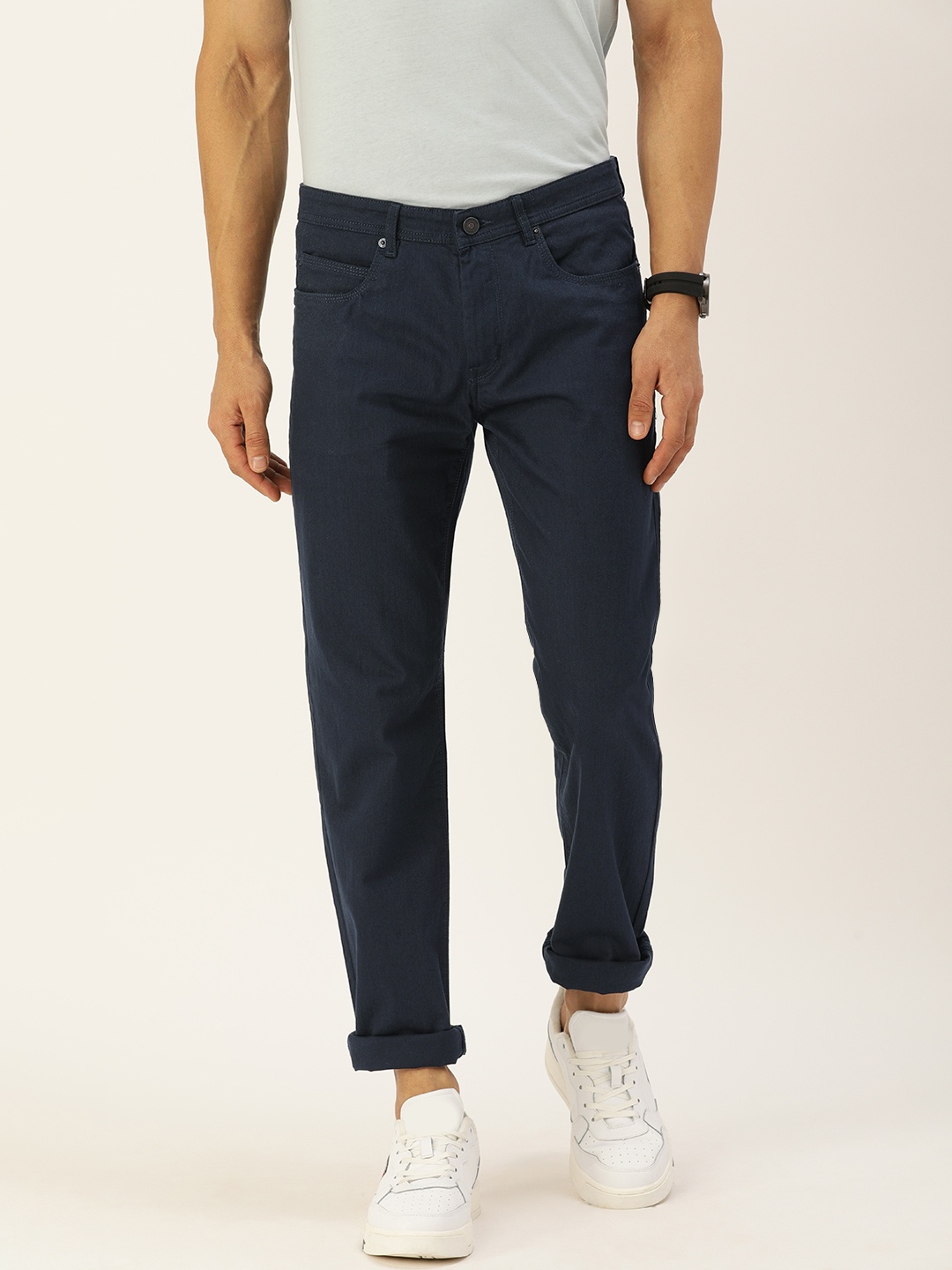 

PETER ENGLAND UNIVERSITY Men Navy Blue Super Slim Fit Regular Trousers