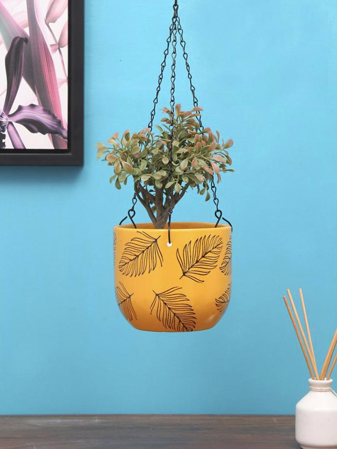 

Athome by Nilkamal Mustard Yellow & Green Textured Terracotta Hanging Planter with Chain