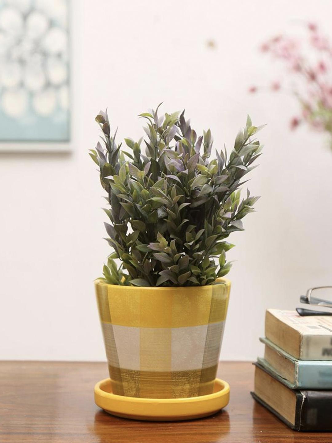 

Athome by Nilkamal Mustard Yellow & White Checked Terracotta Planter