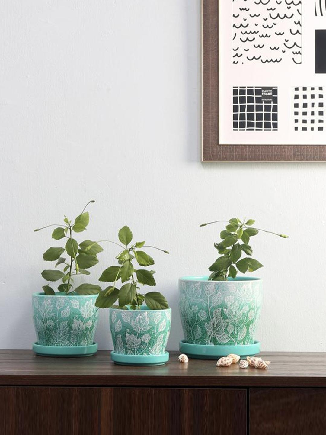 

Athome by Nilkamal Set OF 3 Sea Green Textured Terracotta Planters