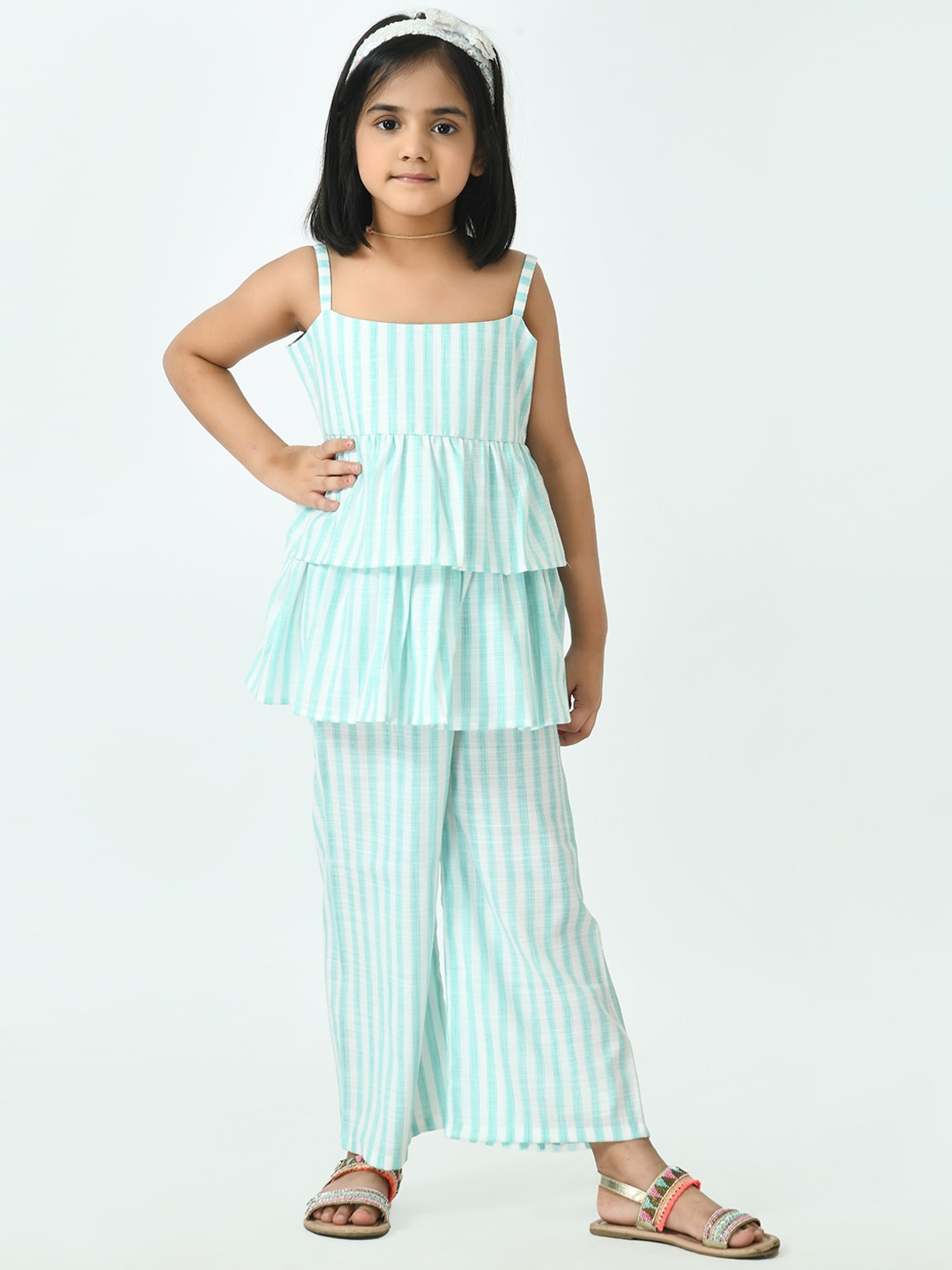 

Muffin Shuffin Girls Turquoise Blue & White Sleeveless Striped Peplum and Frilled clothing set