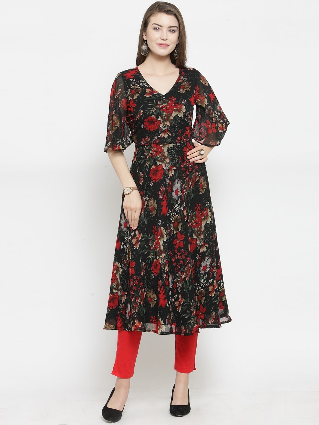 

Jompers Women Black Printed Flared Sleeves Georgette Anarkali Kurta