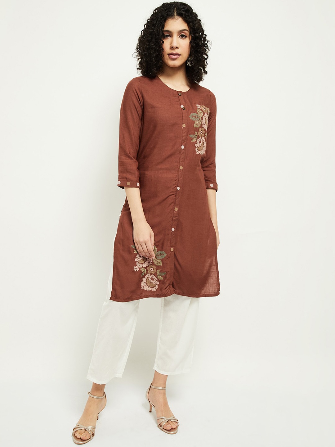 max Women Red Floral Embroidered Keyhole Neck Thread Work Kurta