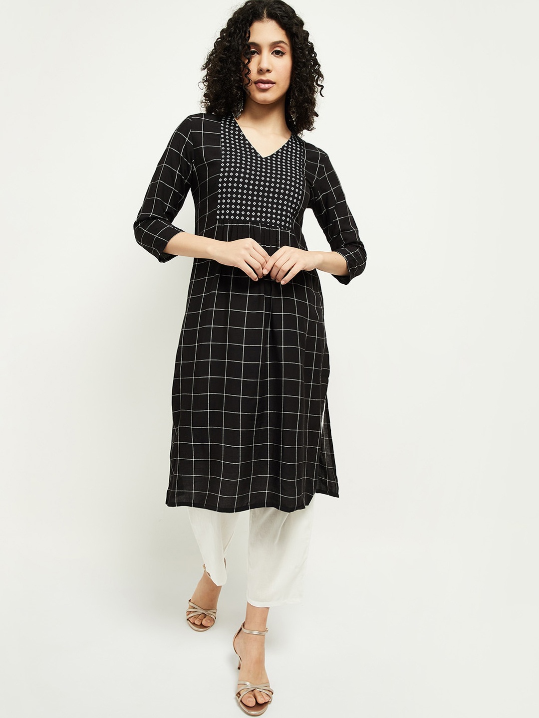 

max Women Black Checked A-Line Kurta