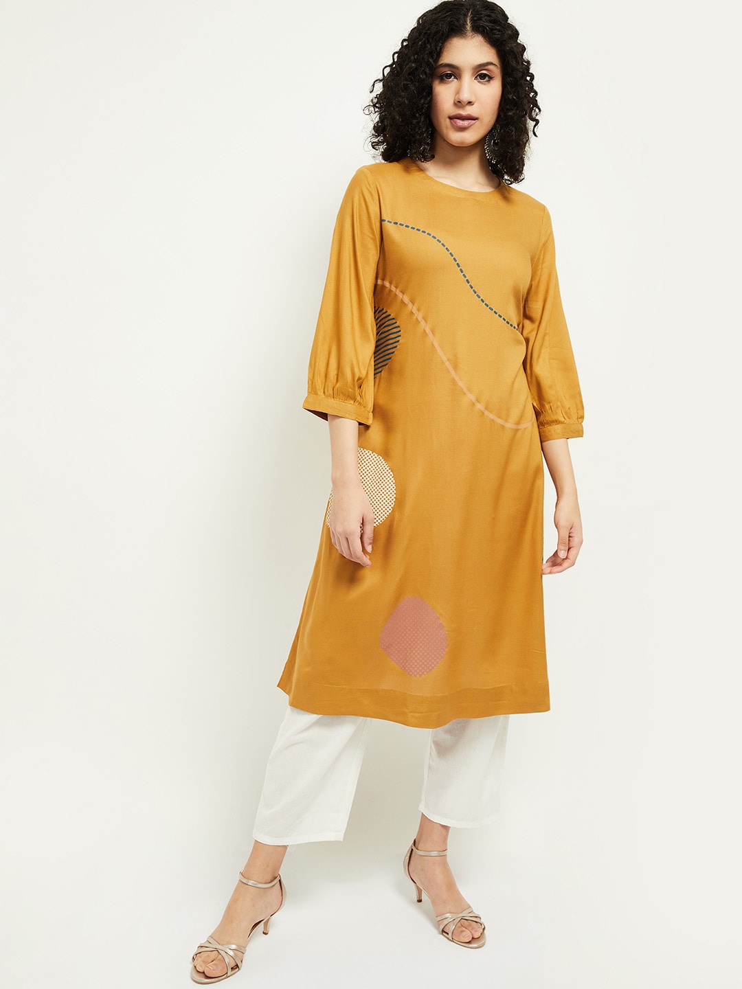 

max Women Mustard Yellow Flared Sleeves Thread Work Kurta