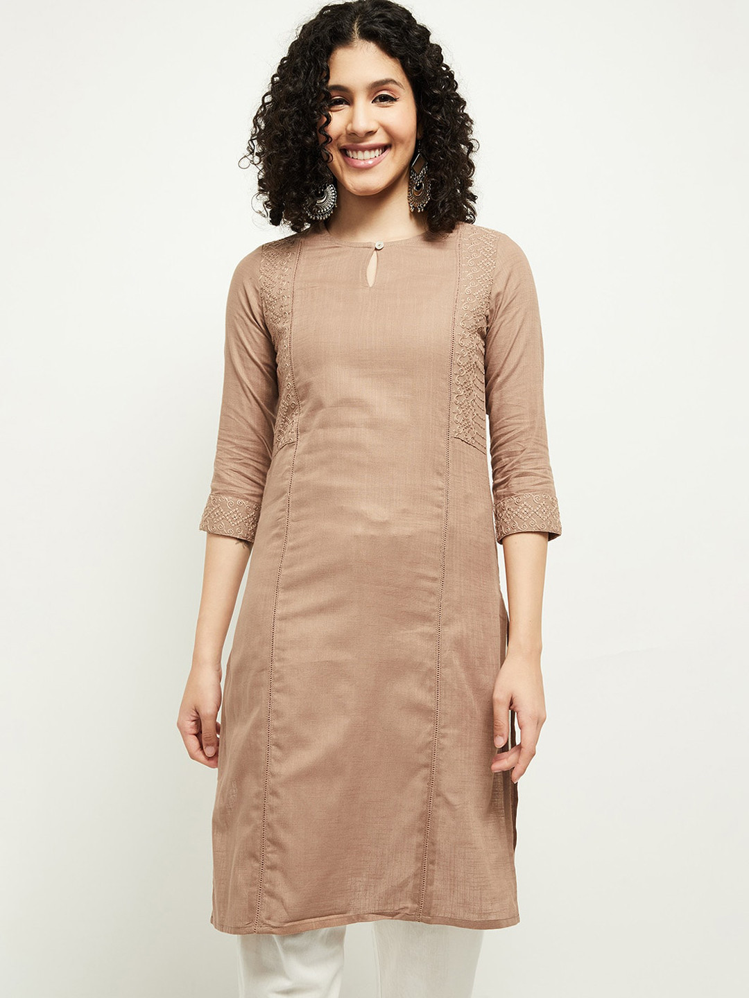 

max Women Brown Ethnic Motifs Embroidered Straight Kurta