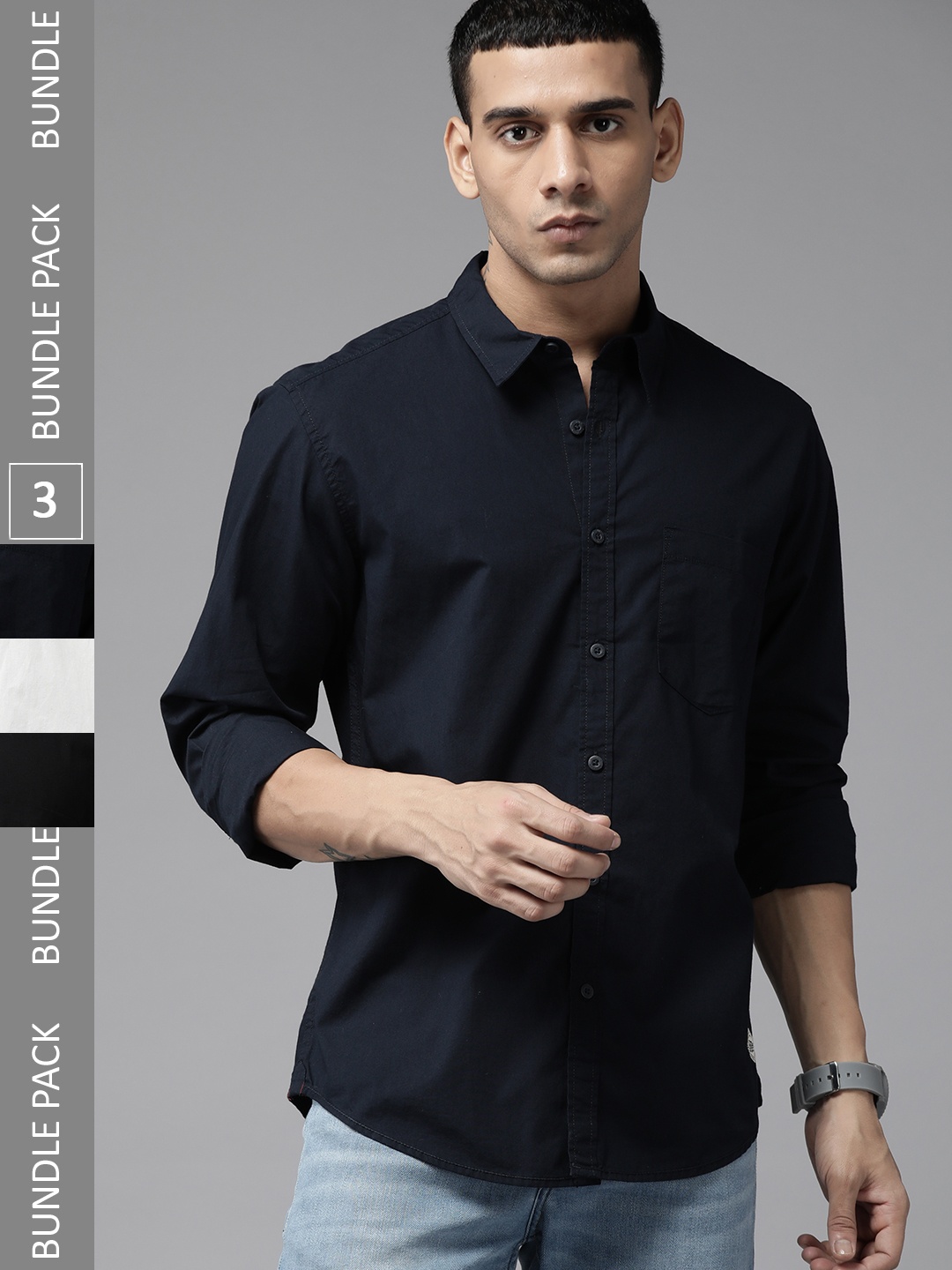 

The Roadster Lifestyle Co. Men Pack Of 3 Cotton Casual Shirt, Navy blue