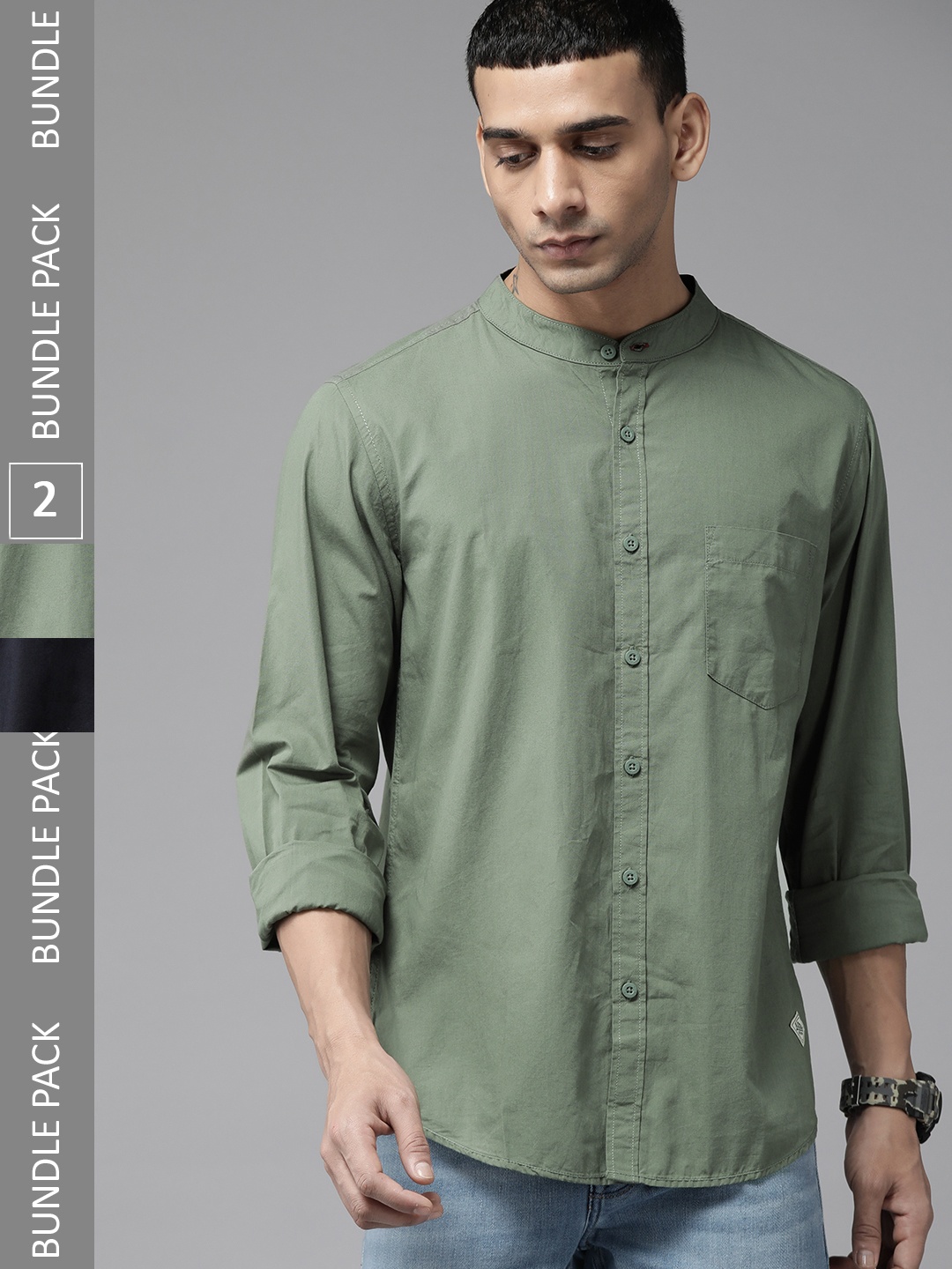 

The Roadster Lifestyle Co. Men Pack of 2 Pure Cotton Solid Casual Shirt, Olive