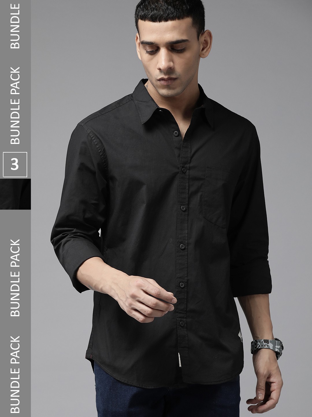

The Roadster Lifestyle Co. Men Pack Of 3 Cotton Casual Shirt, Black
