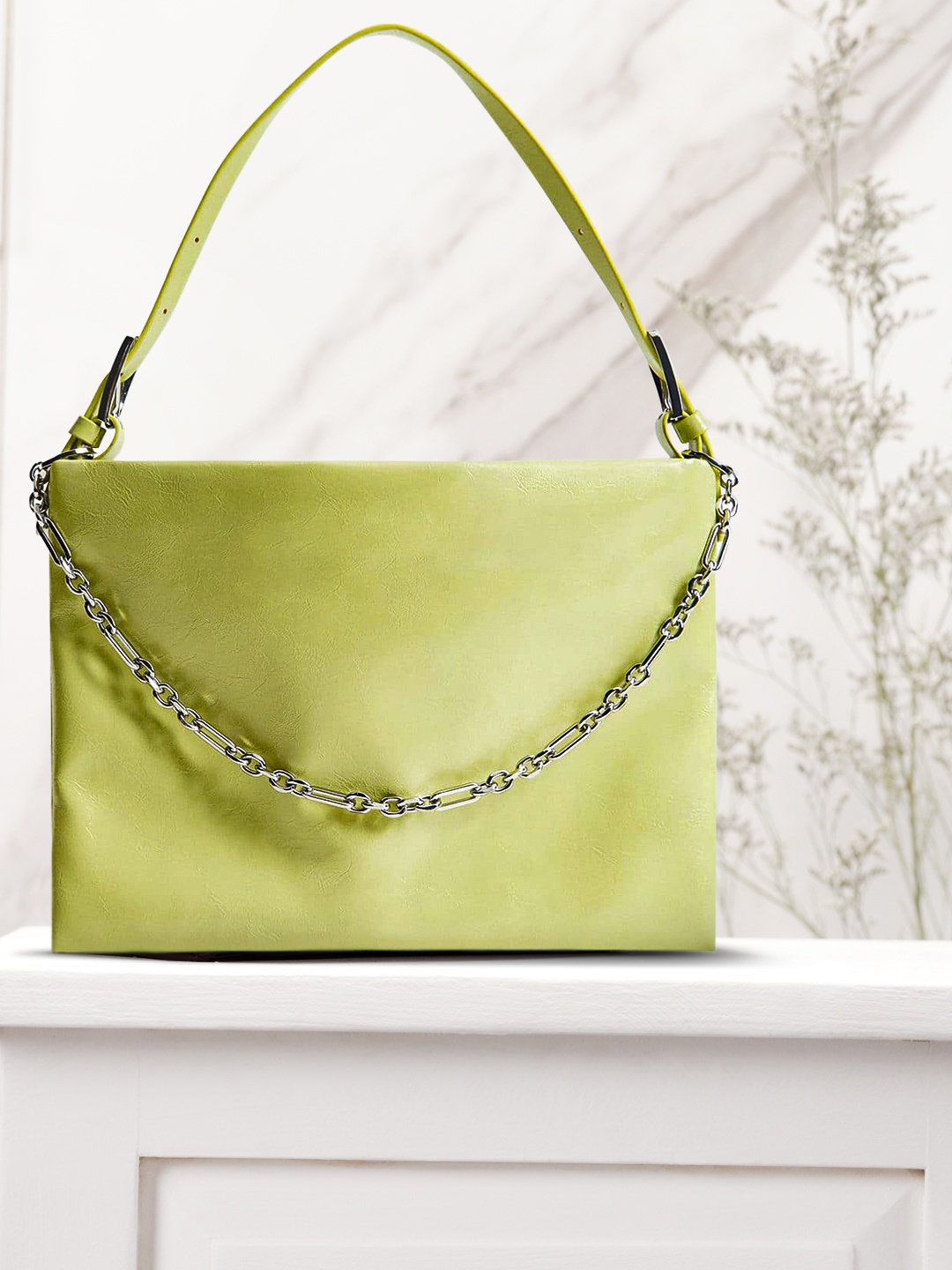 

MANGO Green Solid Structured Handheld Bag