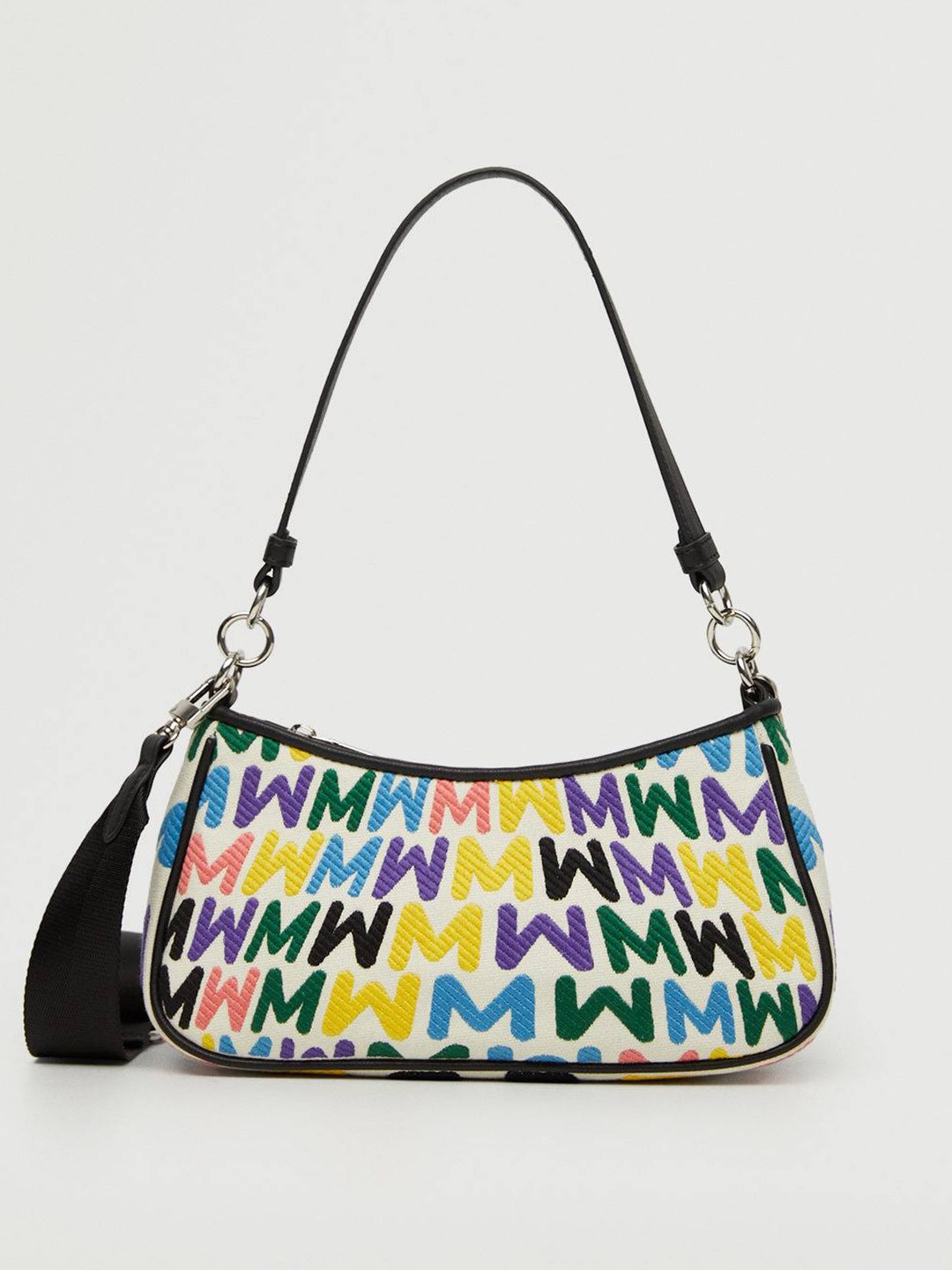 

MANGO White & Blue Brand Logo Embroidered Baguette Bag