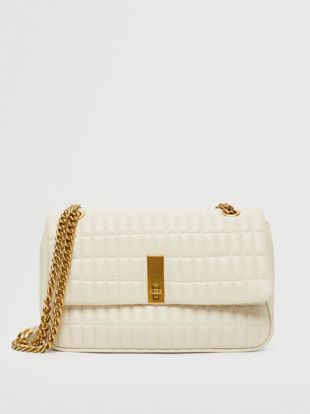 

MANGO Off-White & Gold-Toned Structured Shoulder Bag with Quilted Detail