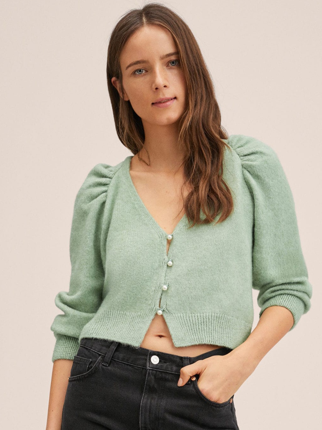 

MANGO Women Green V-Neck Crop Cardigan