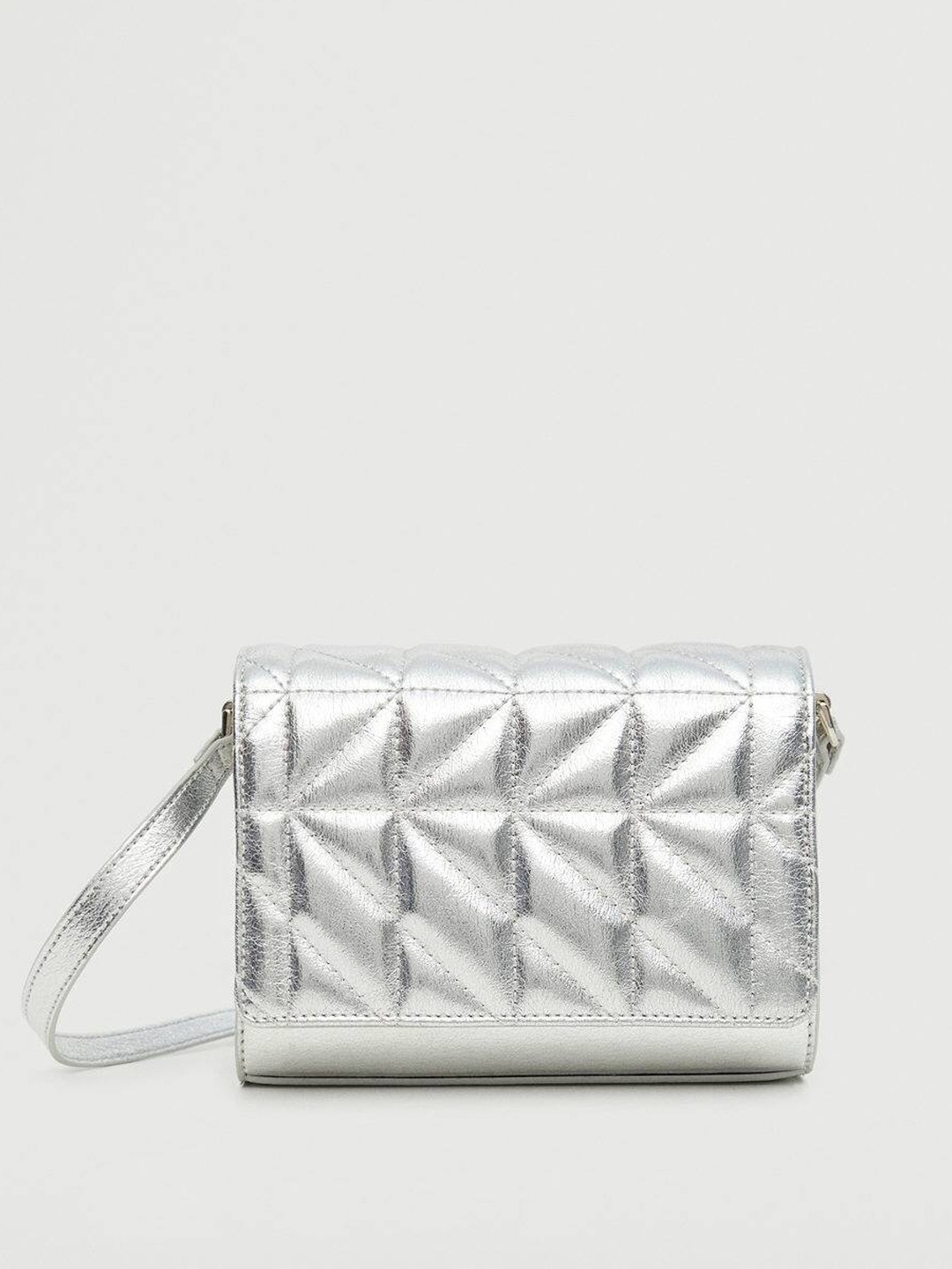 

MANGO Silver-Toned Quilted Structured Sling Bag with Non-Detachable Sling Strap