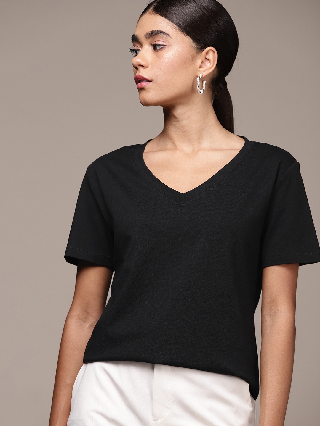 

MANGO Women Black V-Neck Drop-Shoulder Sleeves Pure Cotton T-shirt