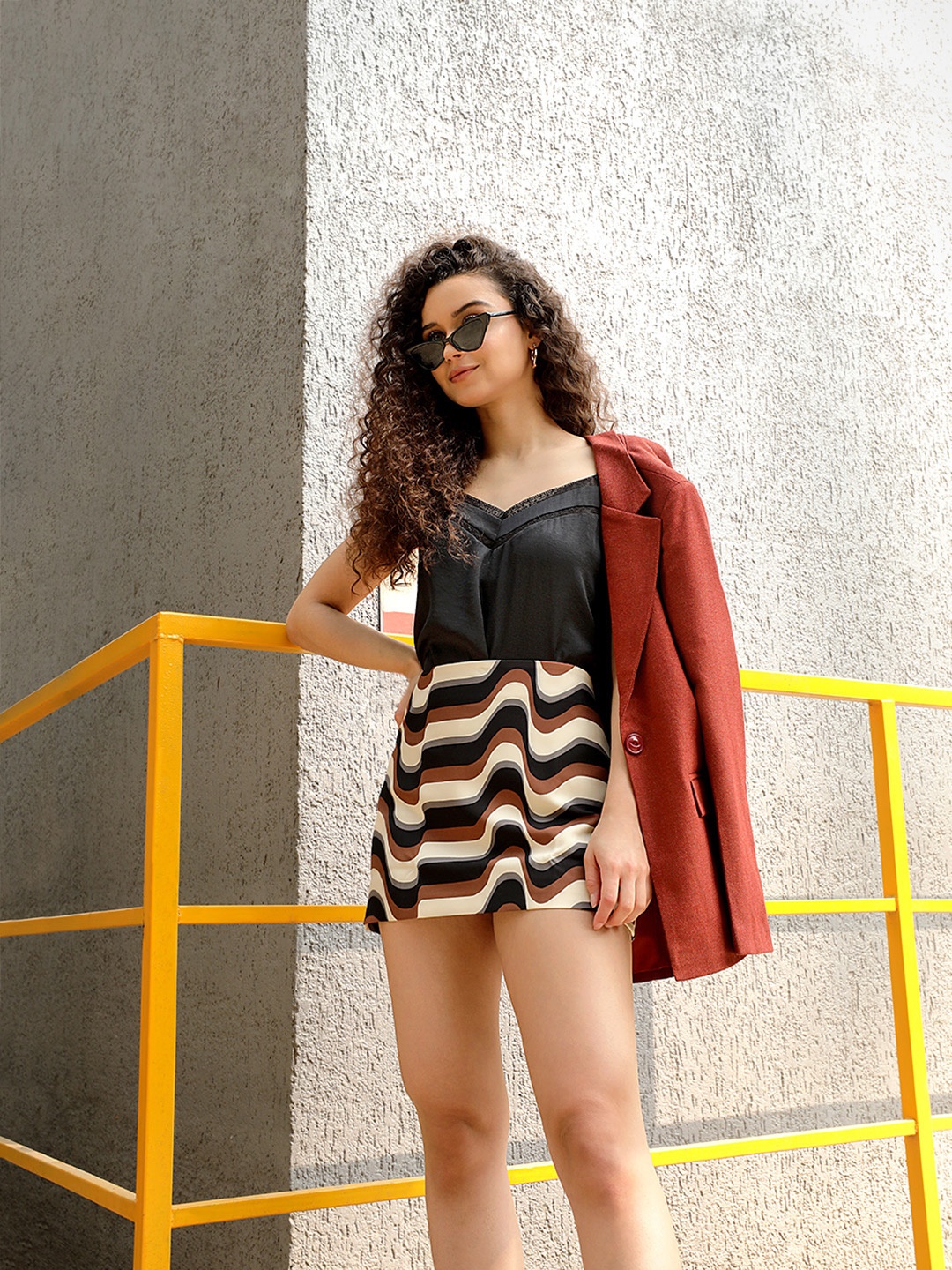

MANGO Women Black & Beige Geometric Print Mini Skirt