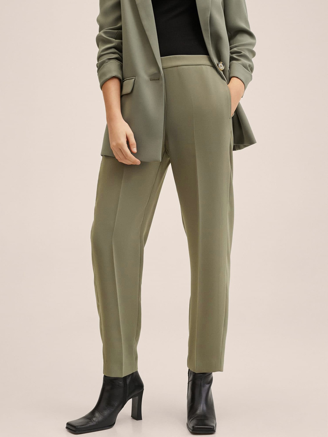 

MANGO Women Green Solid Formal Trousers