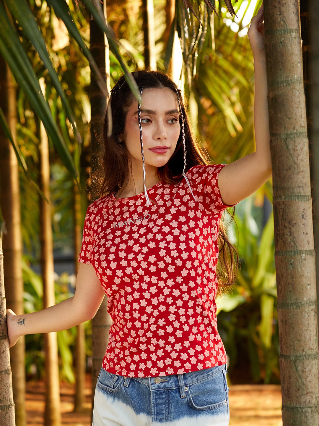 

MANGO Women Red & Peach-Coloured Floral Printed Pure Cotton T-shirt