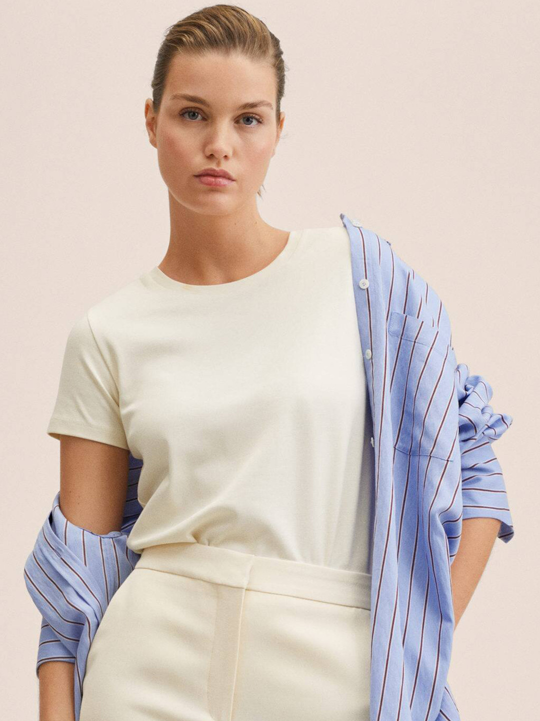 

MANGO Women Off-White Pure Cotton Solid T-shirt