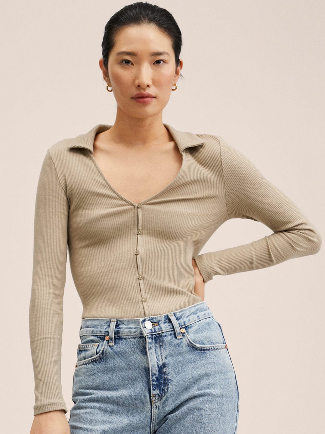 

MANGO Women Khaki Ribbed Top