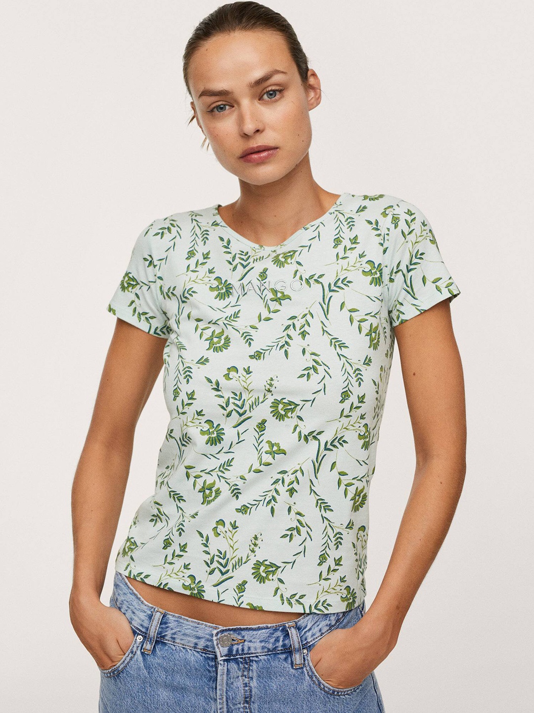 

MANGO Women Green Floral Print Pure Cotton T-shirt