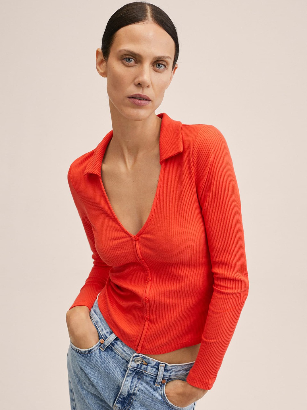 

MANGO Women Orange Ribbed Top