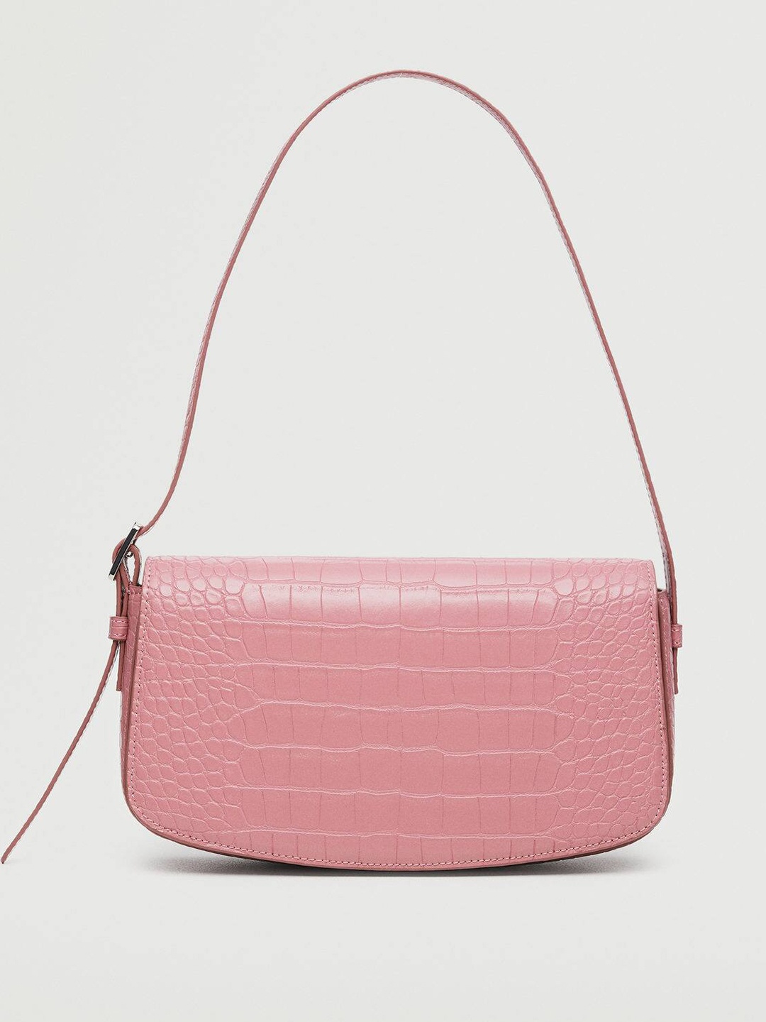 

MANGO Pink Croc Textured Baguette Bag