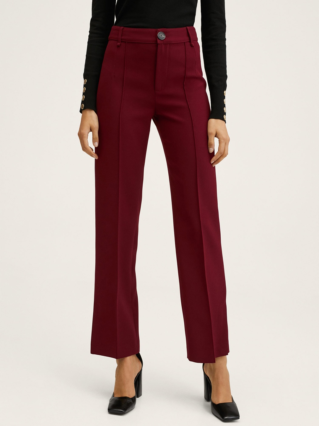 

MANGO Women Burgundy Solid Straight Fit Trousers