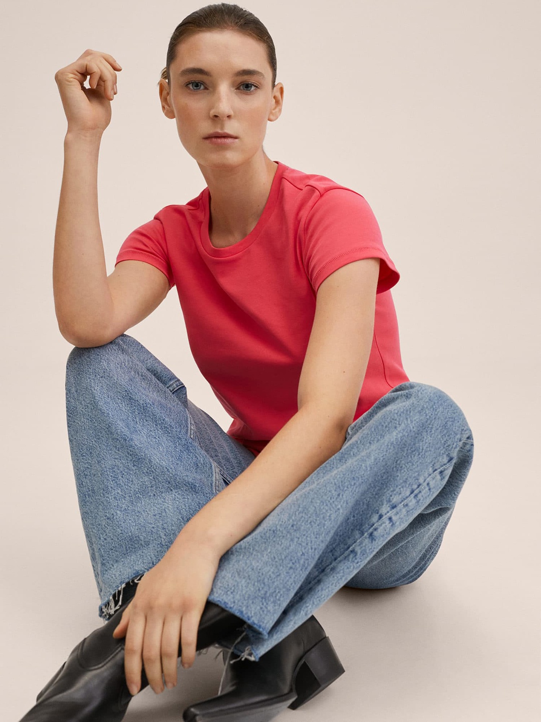 

MANGO Women Pink Pure Cotton Solid T-shirt