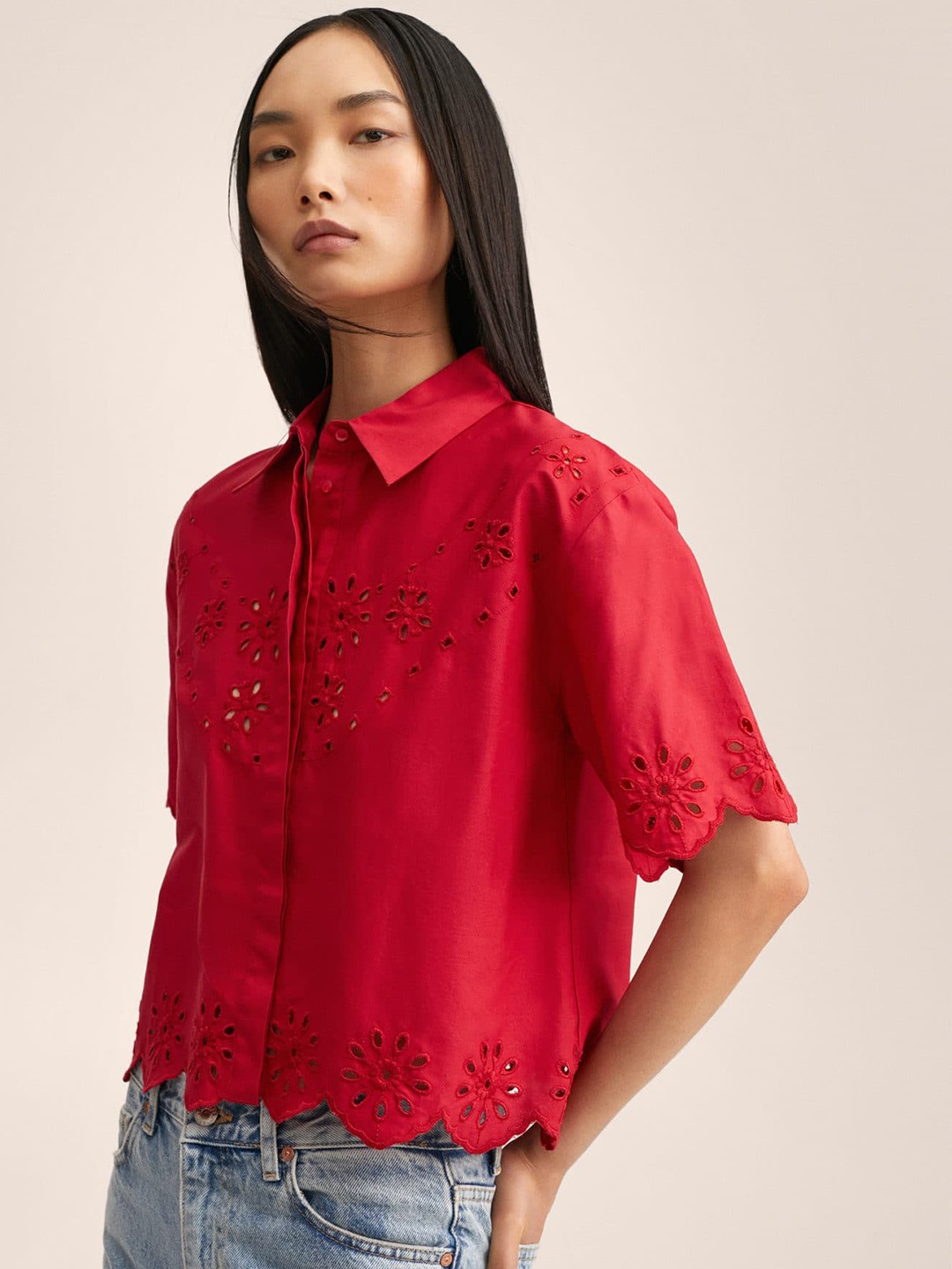 

MANGO Women Red Schiffli Design Scalloped Hem Pure Cotton Casual Shirt