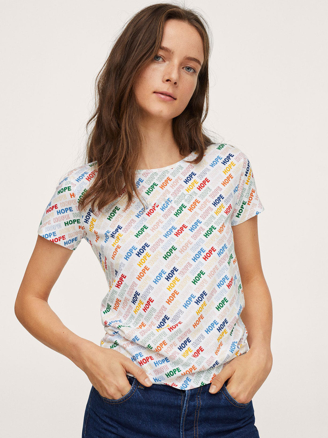 

MANGO Women White & Blue Printed Pure Cotton T-shirt