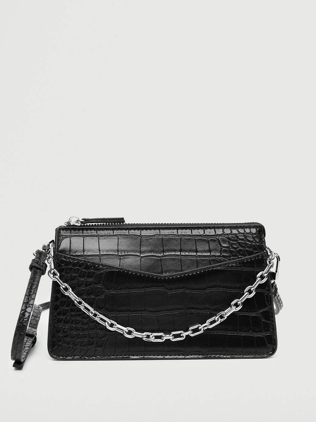 

MANGO Black Crocs Textured Structured Handheld Bag