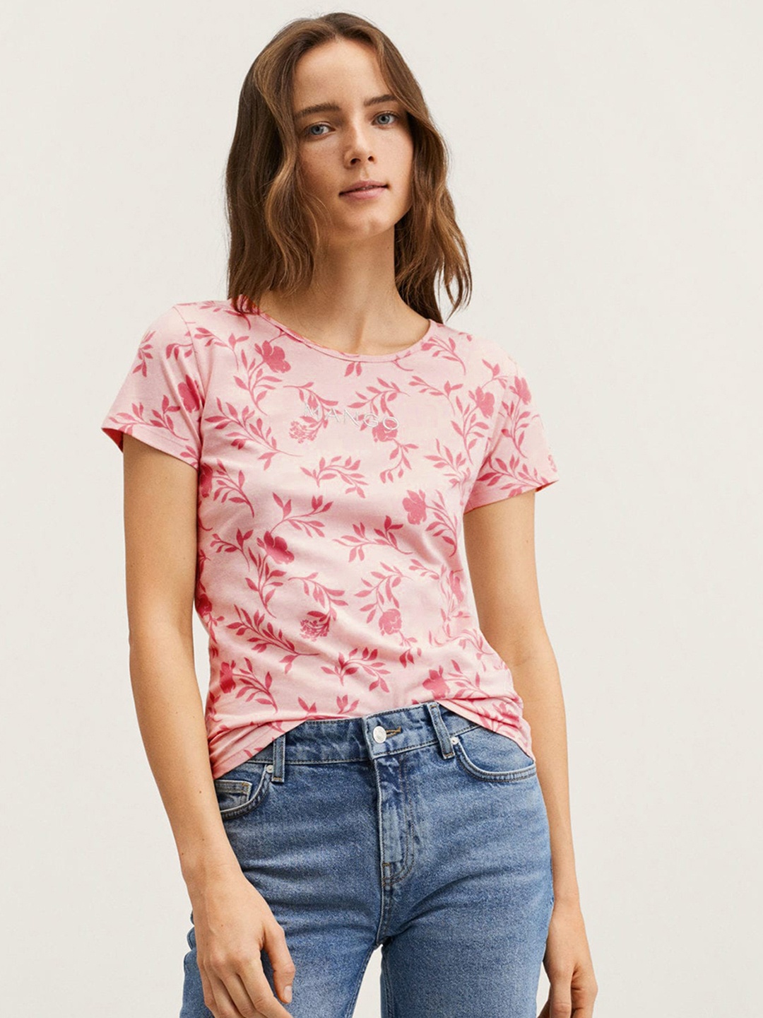 

MANGO Women Peach-Coloured Pure Cotton Floral Printed T-shirt