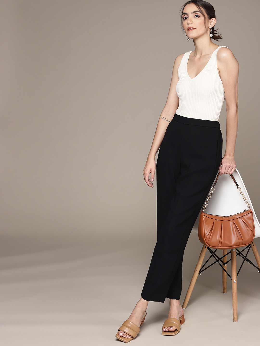 

MANGO Women Black High-Rise Trousers