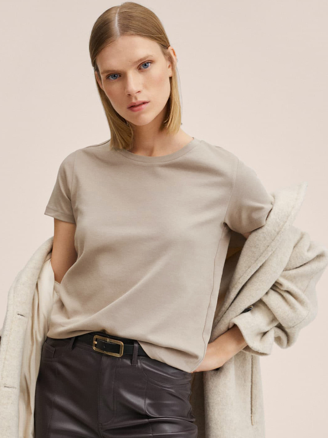 

MANGO Women Grey Pure Cotton Solid T-shirt