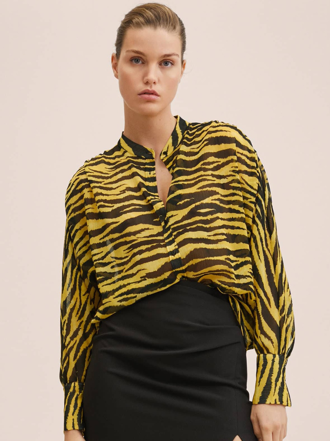 

MANGO Women Yellow& Black Animal Printed Oversized Shirt