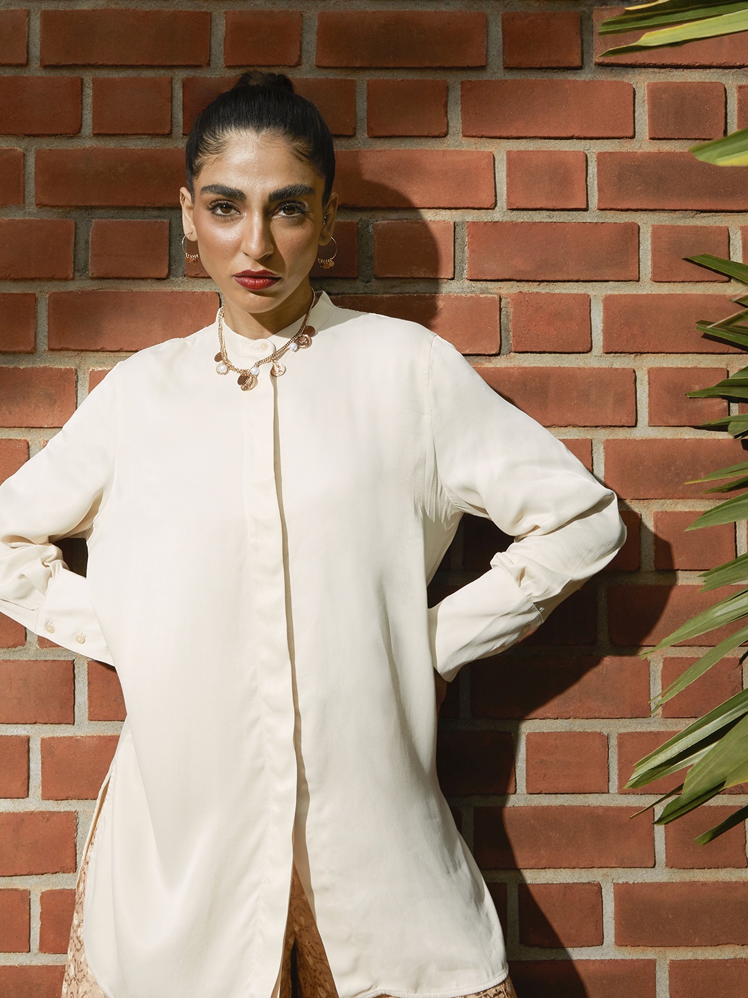 

MANGO Women Cream-Coloured Casual Shirt