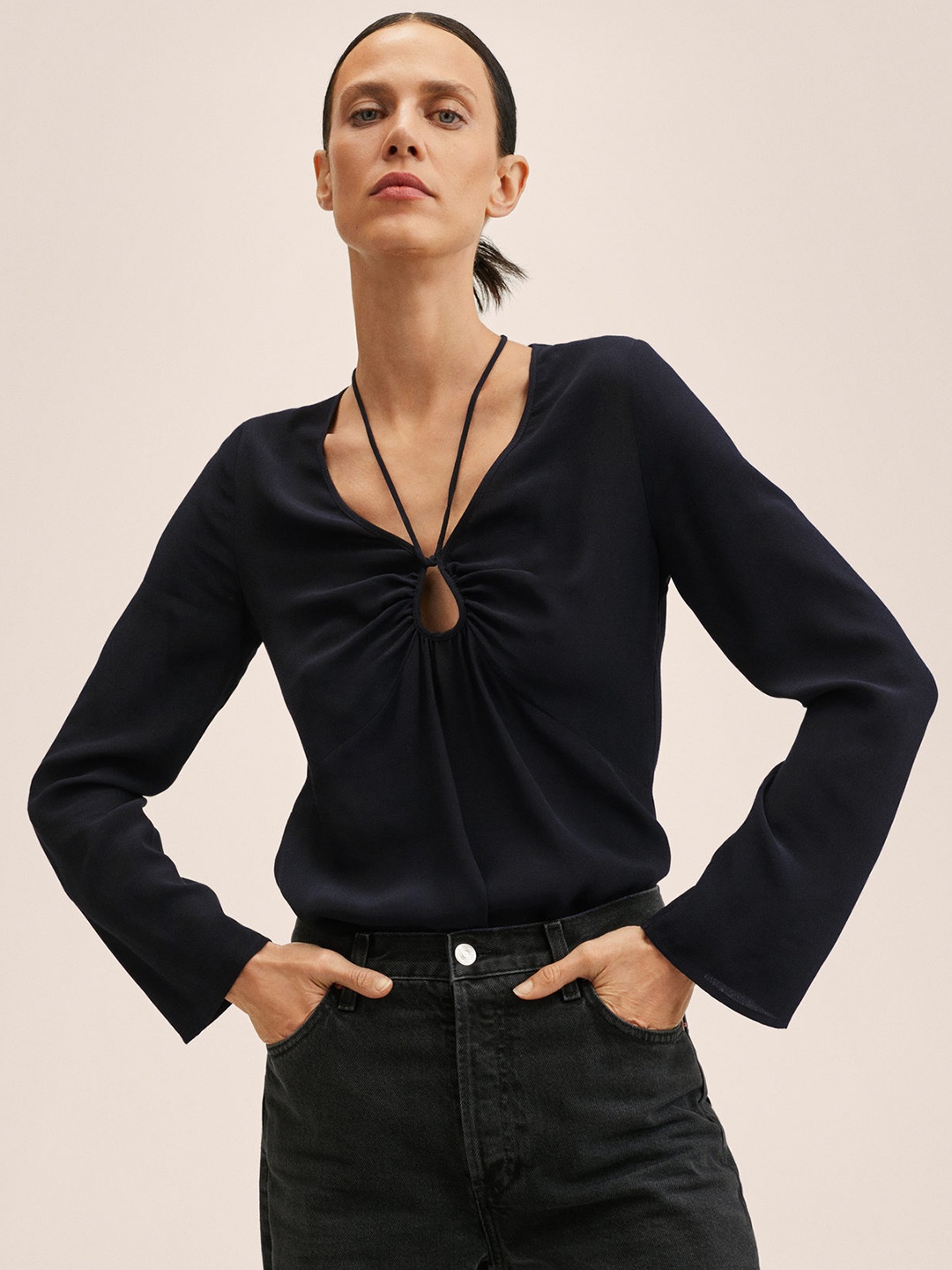 

MANGO Navy Blue Solid Keyhole Neck Top